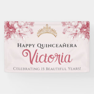 Banderoles Élégante Quinceañera Fleur Rose Joyeux Anniversair