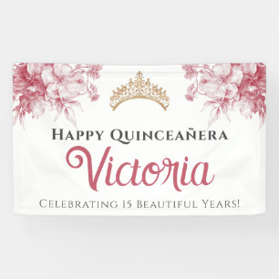 Banderoles Élégante Quinceañera Fleur Rose Joyeux Anniversair
