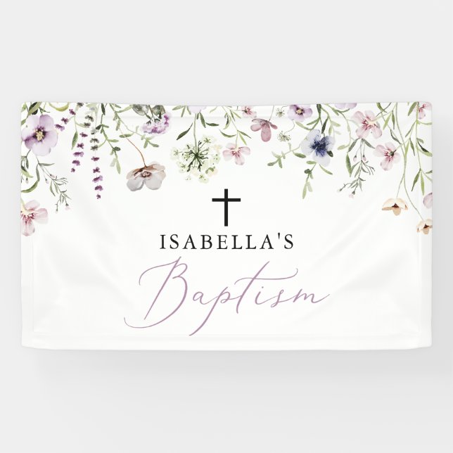 Banderoles Élégante Religieuse Fleur sauvage rose Fille Baptê (Horizontal)