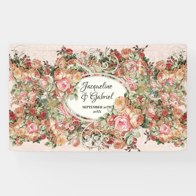 Banderoles Élégante Rose Bouquet Fête des mariées Vintage ros (Horizontal)