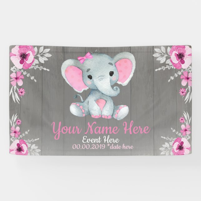 Banderoles Elephant Girl Backdrop Nom rose Fleurs rustiques (Horizontal)