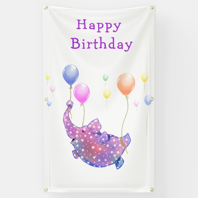Banderoles Eléphant Volant Ballons colorés Joyeux Anniversair (Vertical)