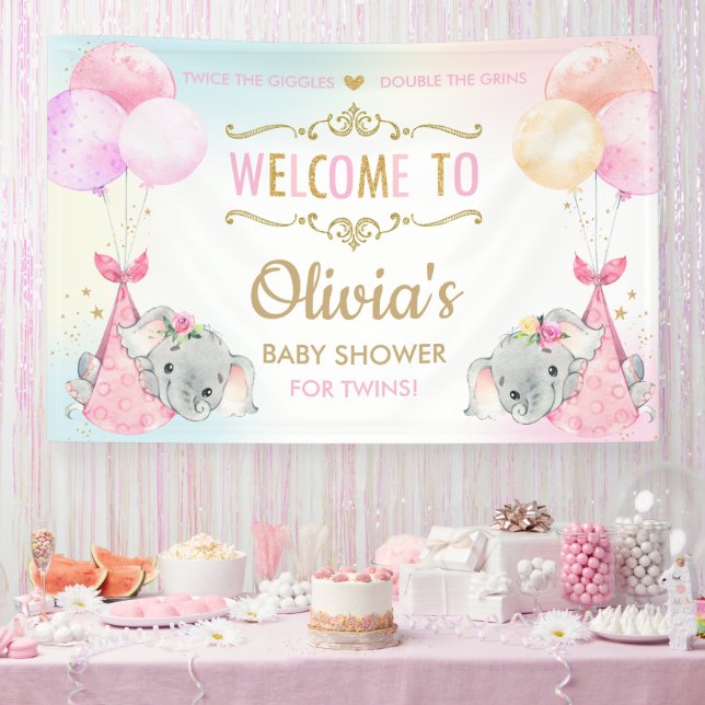 Banderoles Eléphants mignons Twin Girls Baby shower fond (Fête)