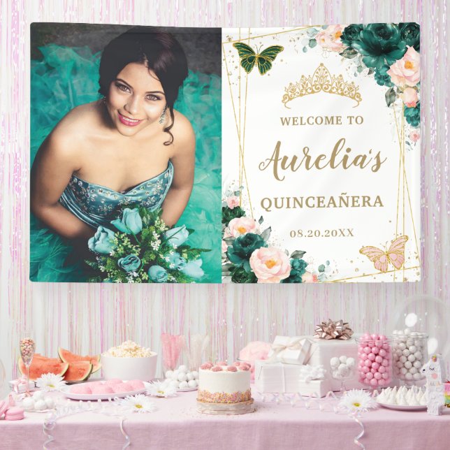 Banderoles Emerald Blush Floral Quinceañera fond (Fête)