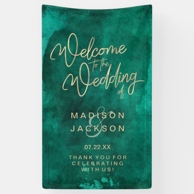 Banderoles Emerald Green Aquarelle & Gold Mariage Bienvenue (Vertical)