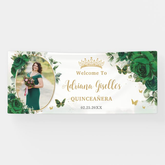 Banderoles Emerald Green Floral Quinceañera (Horizontal)