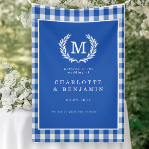 Banderoles En vichy bleu Monogram Crest Mariage Bienvenue