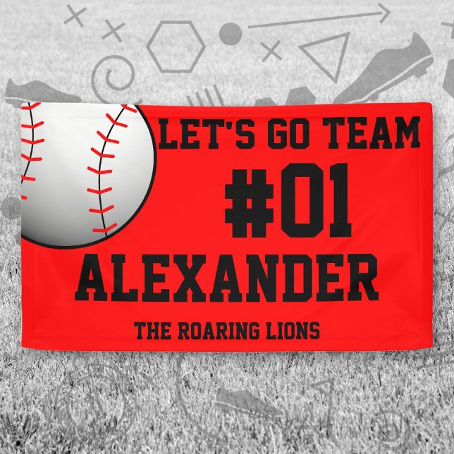 Banderoles Équipe de baseball noir rouge (Red and Black Baseball Let's Go Team Banner. Celebrate your high school or college athlete.)