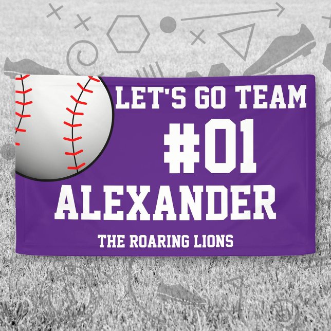 Banderoles Esprit de l'équipe de baseball blanc violet (Purple and White Baseball Let's Go Team Banner. Celebrate your high school or college athlete.)