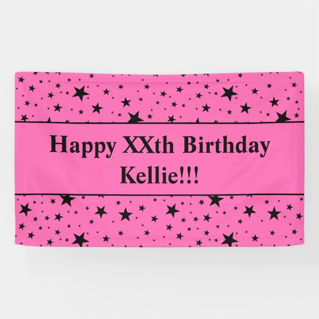 Banderoles Étoiles Noires Avec Message Sur Anniversaire Rose (Horizontal)