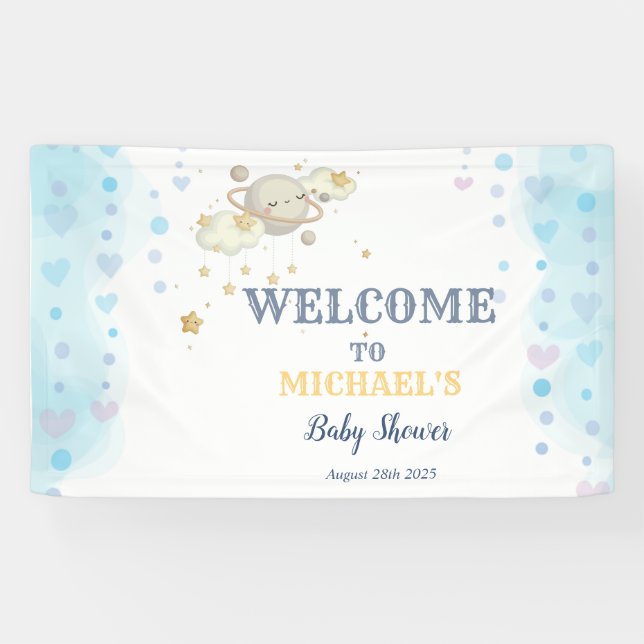 Banderoles Etoiles Planète Nuages Baby shower bleu (Horizontal)
