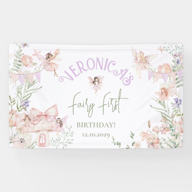 Banderoles Fairy First Birthday Enchanted garden Whimsical (Horizontal)