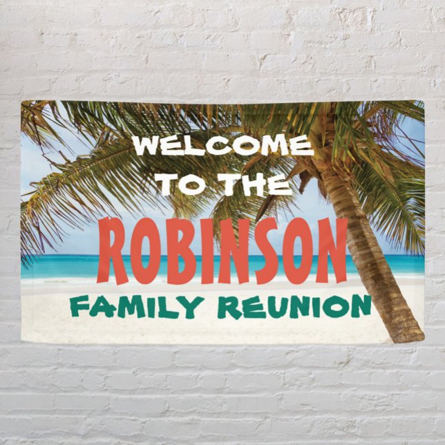 Banderoles Famille Réunion Bienvenue avec plage et palmier (Créateur téléchargé)