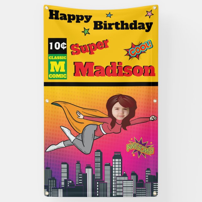Banderoles Fantastique Superhero Anniversaire Photo Fille par (Vertical)