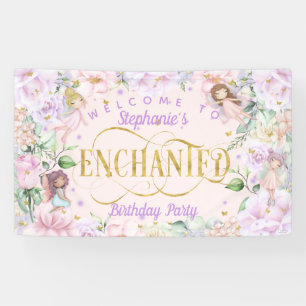 Banderoles Fée enchantée violet fleurs roses toile de fond