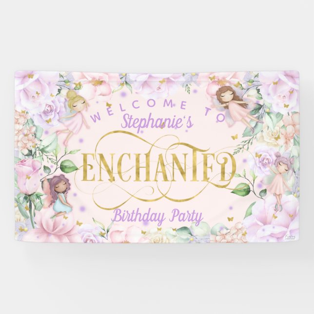 Banderoles Fée enchantée violet fleurs roses toile de fond (Horizontal)