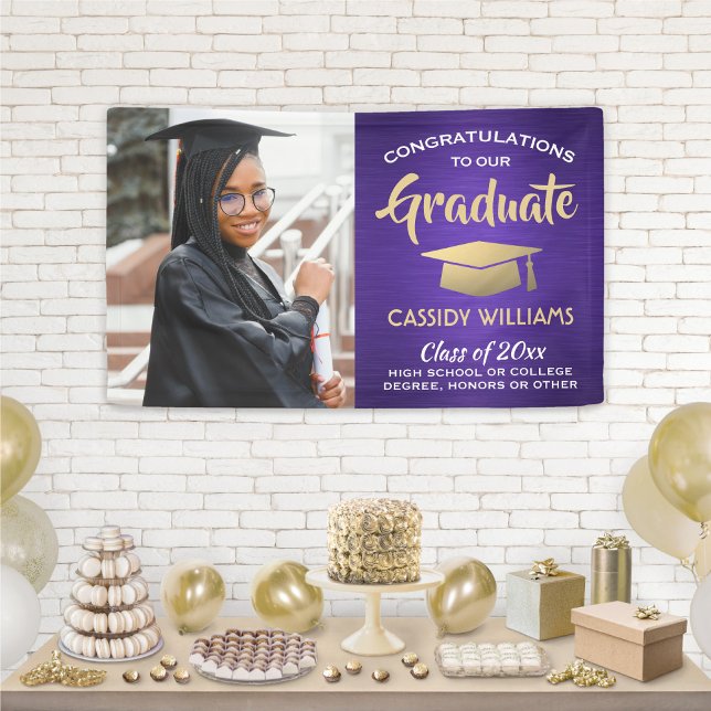 Banderoles Félicitations 1 Photo Purple Gold et White Graduat (Créateur téléchargé)