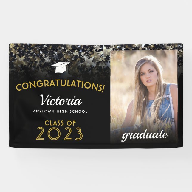 Banderoles Félicitations 2023 Graduate Black and Gold Photo (Horizontal)