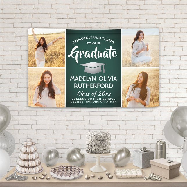Banderoles Félicitations 4 Photo Green White & Silver Graduat (Créateur téléchargé)