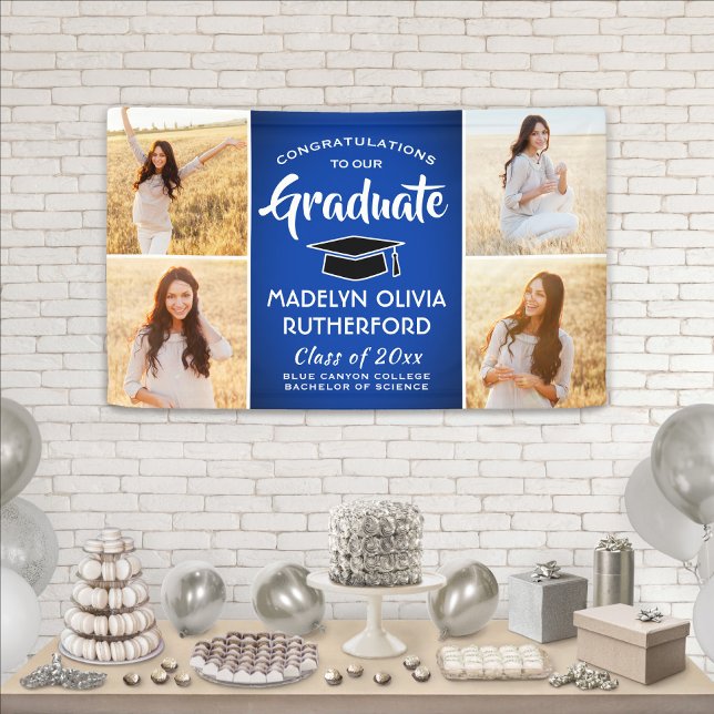 Banderoles Félicitations 4 Photo Royal Blue & White Graduatio (Créateur téléchargé)