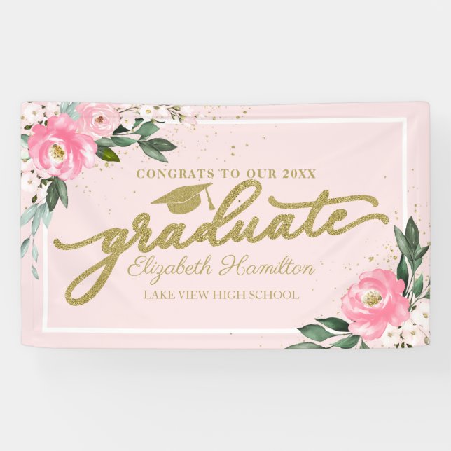 Banderoles Félicitations Au Graduate Rose Floral Grad Party (Horizontal)