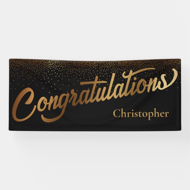 Banderoles Félicitations avec Gold Confetti sur Black (Horizontal)