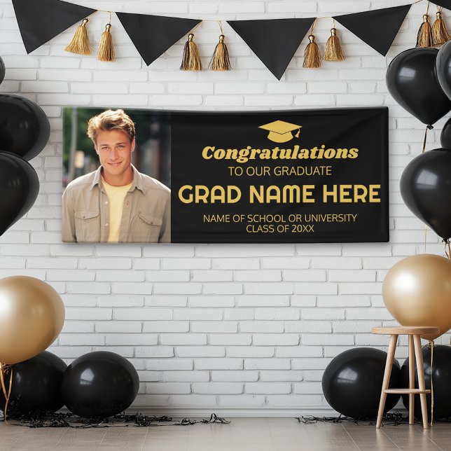 Banderoles Félicitations Diplômé avec photo - Black Gold (Custom Graduation Banner with Photo and Grad Name)