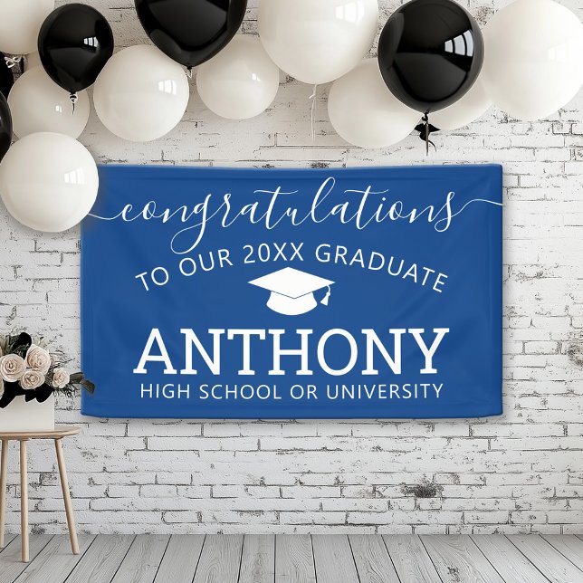 Banderoles Félicitations Diplômé bleu moderne virtuel (Custom Graduation Banner for a Grad Party or Open House)