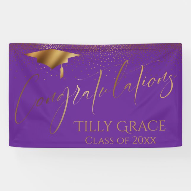 Banderoles Félicitations Diplômé Gold Confetti sur Purple (Horizontal)