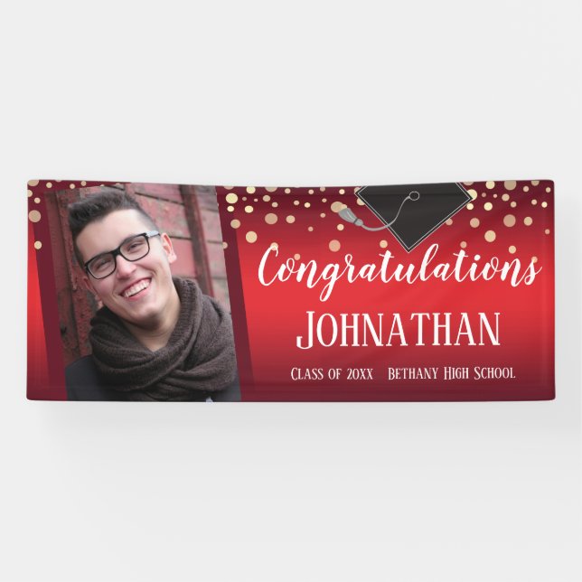Banderoles Félicitations Diplômé Rouge avec Confetti Photo (Horizontal)