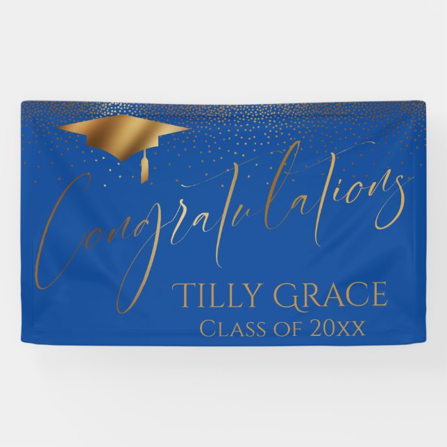 Banderoles Félicitations Diplômés Gold Confetti sur Blue (Horizontal)
