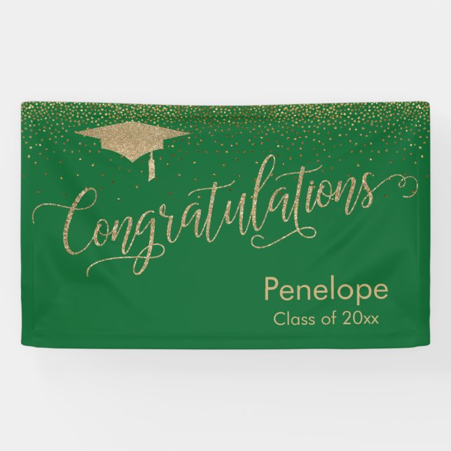 Banderoles Félicitations Gold Confetti Graduation Green (Horizontal)