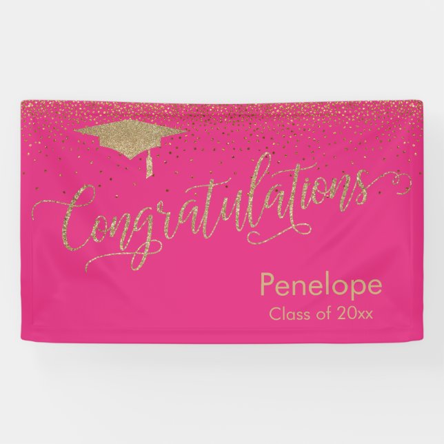 Banderoles Félicitations Gold Confetti Graduation Hot Pink (Horizontal)