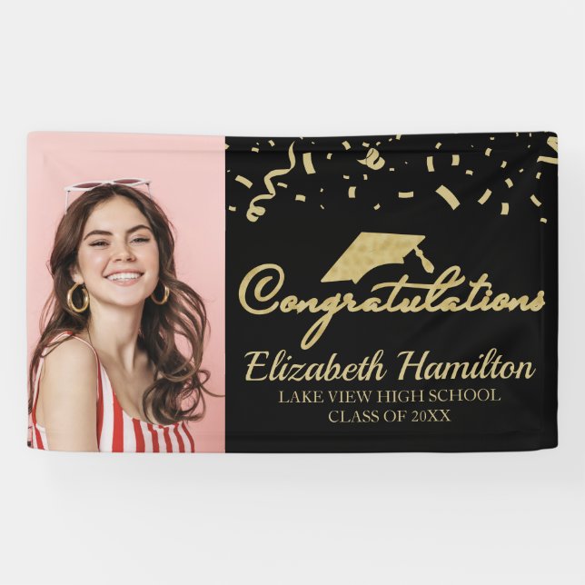 Banderoles Félicitations Gold Et Black Photo Graduation (Horizontal)