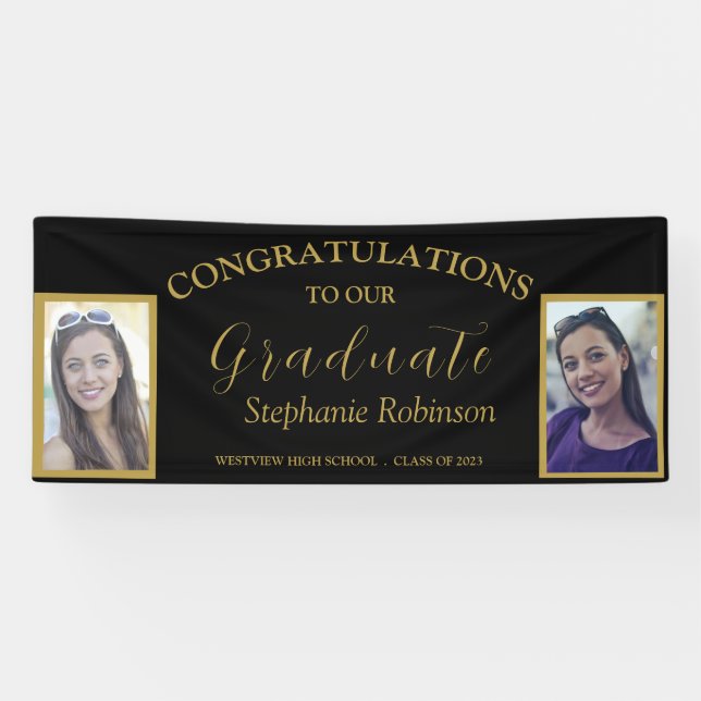 Banderoles Félicitations Gold Script 2 Photo Graduation (Horizontal)