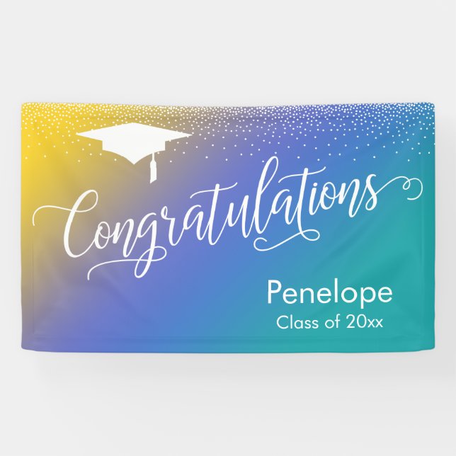 Banderoles Félicitations Graduation Jaune Bleu Turquoise Ombr (Horizontal)