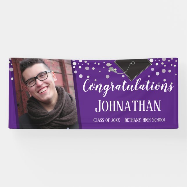 Banderoles Félicitations Graduation Purple Confetti Photo (Horizontal)
