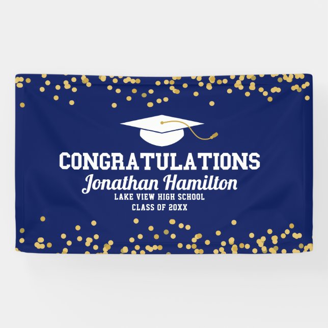 Banderoles Félicitations Marine Blue Gold Grad Party (Horizontal)