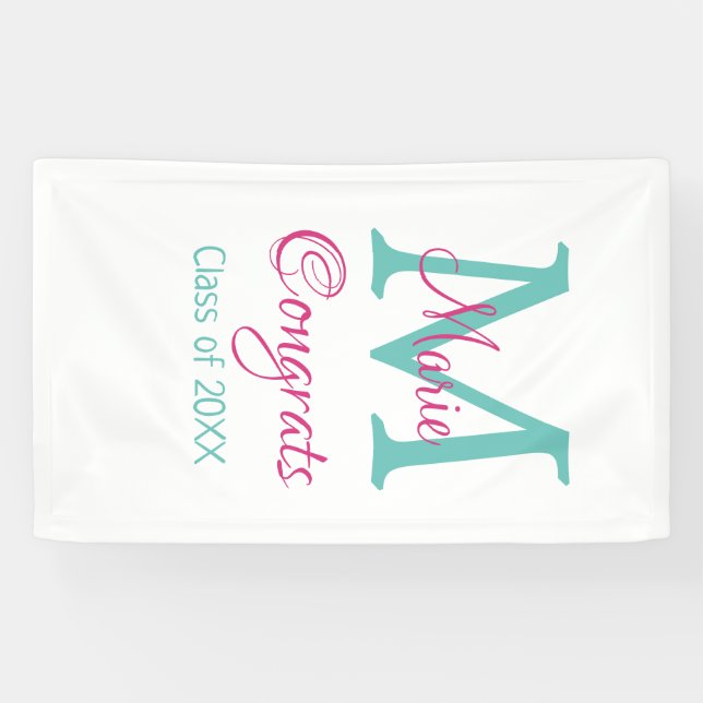 Banderoles Félicitations nom de diplômé monogramme vert rose  (Horizontal)