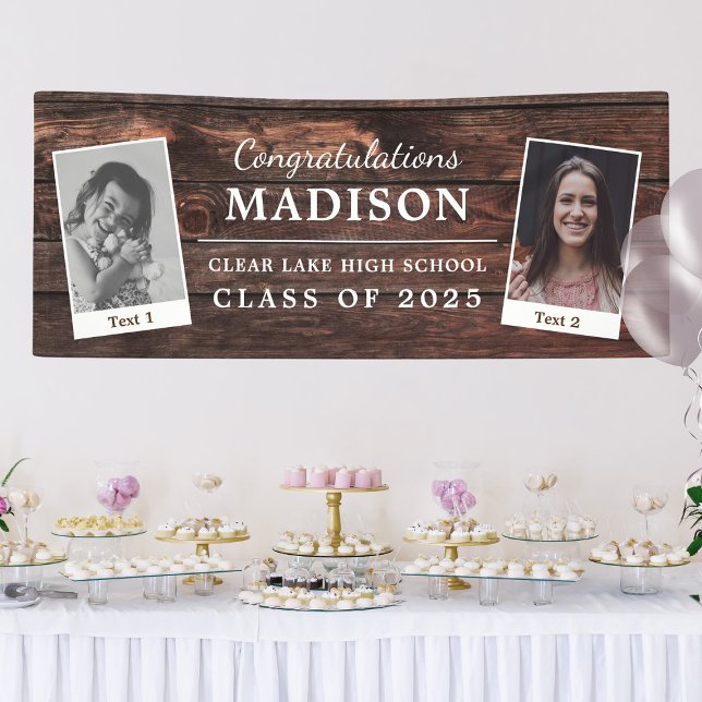 Banderoles Félicitations Rustic Wood Graduation 2 - Photo (Congratulations banner for grad with custom text with childhood photo and recent photo on either sid)
