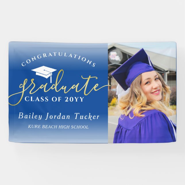 Banderoles Félicitations Script Blue Gold Photo Graduation (Horizontal)