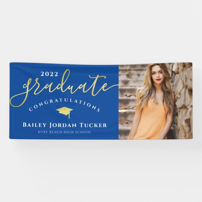 Banderoles Félicitations Script Blue Gold Photo Graduation  (Horizontal)