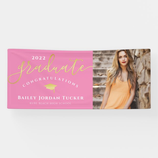Banderoles Félicitations Script Pink Gold Photo Graduation (Horizontal)