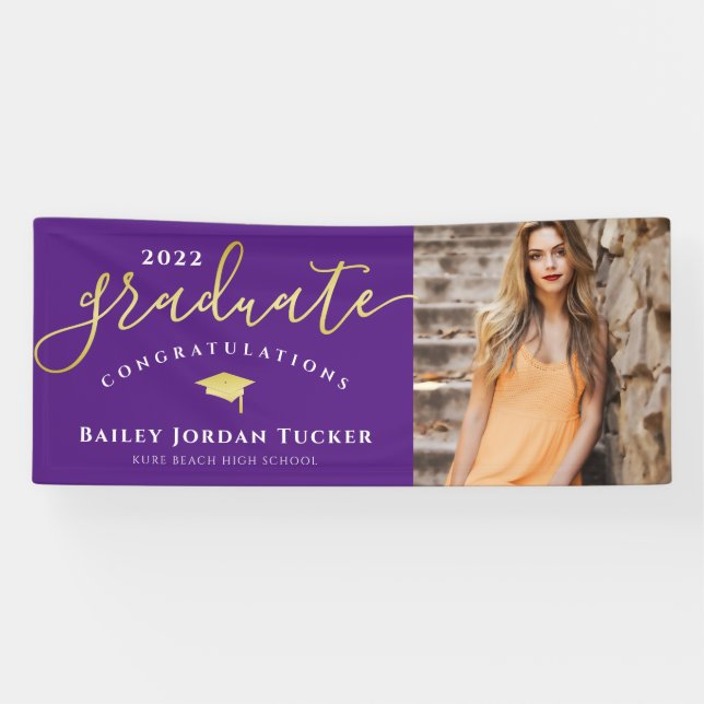 Banderoles Félicitations Script Purple Photo Graduation (Horizontal)