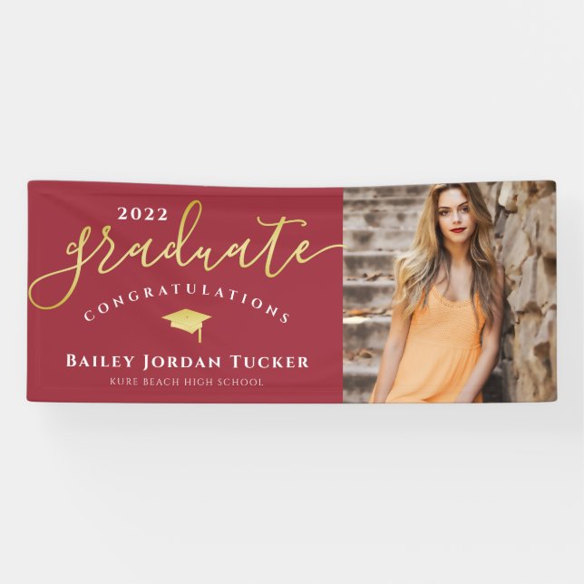 Banderoles Félicitations Script Red Gold Photo Graduation (Horizontal)