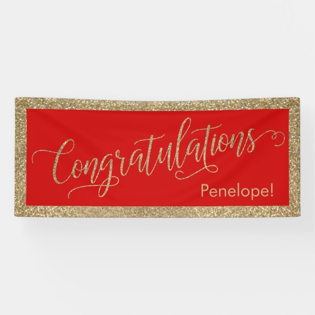 Banderoles Félicitations Typographie Or Paillettes et Rouge (Horizontal)