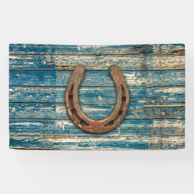 Banderoles Fer à cheval sur les conseils en bois bleus (Horizontal)
