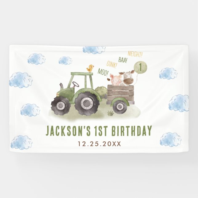 Banderoles Ferme de tracteur aquarelle 1er anniversaire (Horizontal)