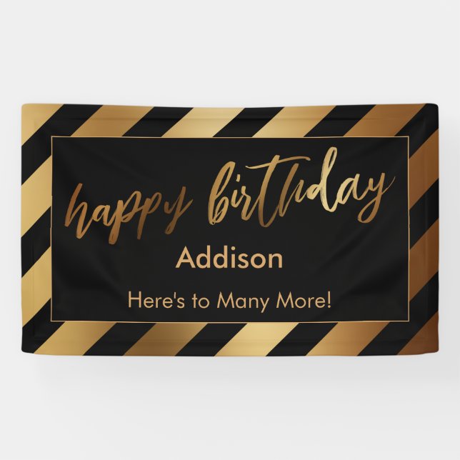 Banderoles Festive Gold Stripes sur Black Happy Birthday (Horizontal)