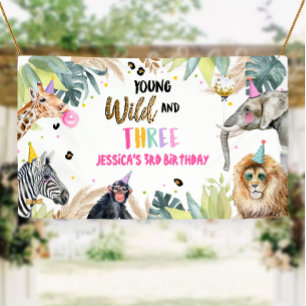 Banderoles Fête Animaux Safari Girl Troisième anniversaire Co